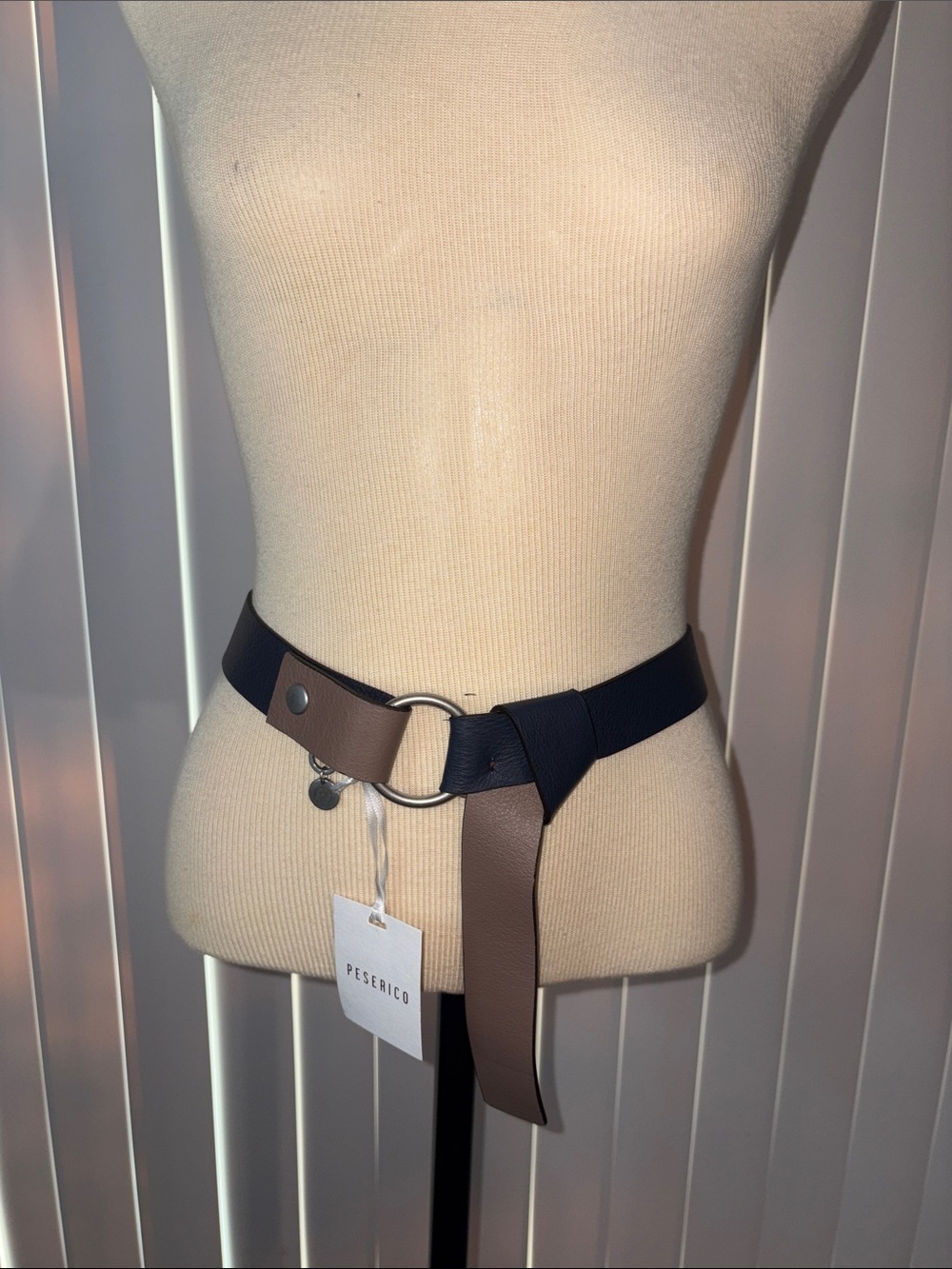 NWT Peserico Italy Luxury Asymmetric Two-Tone Leather O-Ring Belt - Navy & Taupe
